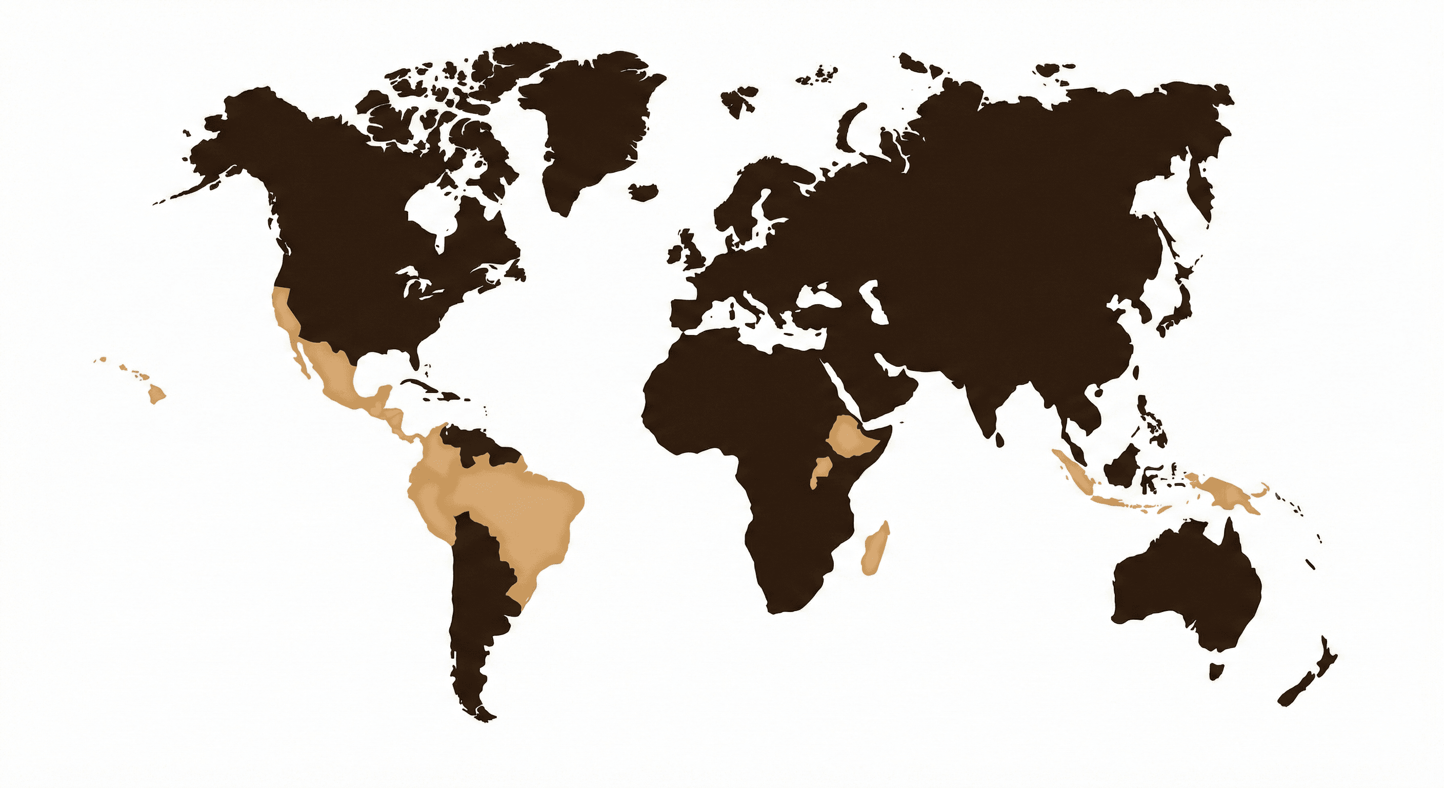 World map showing coffee-growing regions: Central and South America, Africa, and Southeast Asia